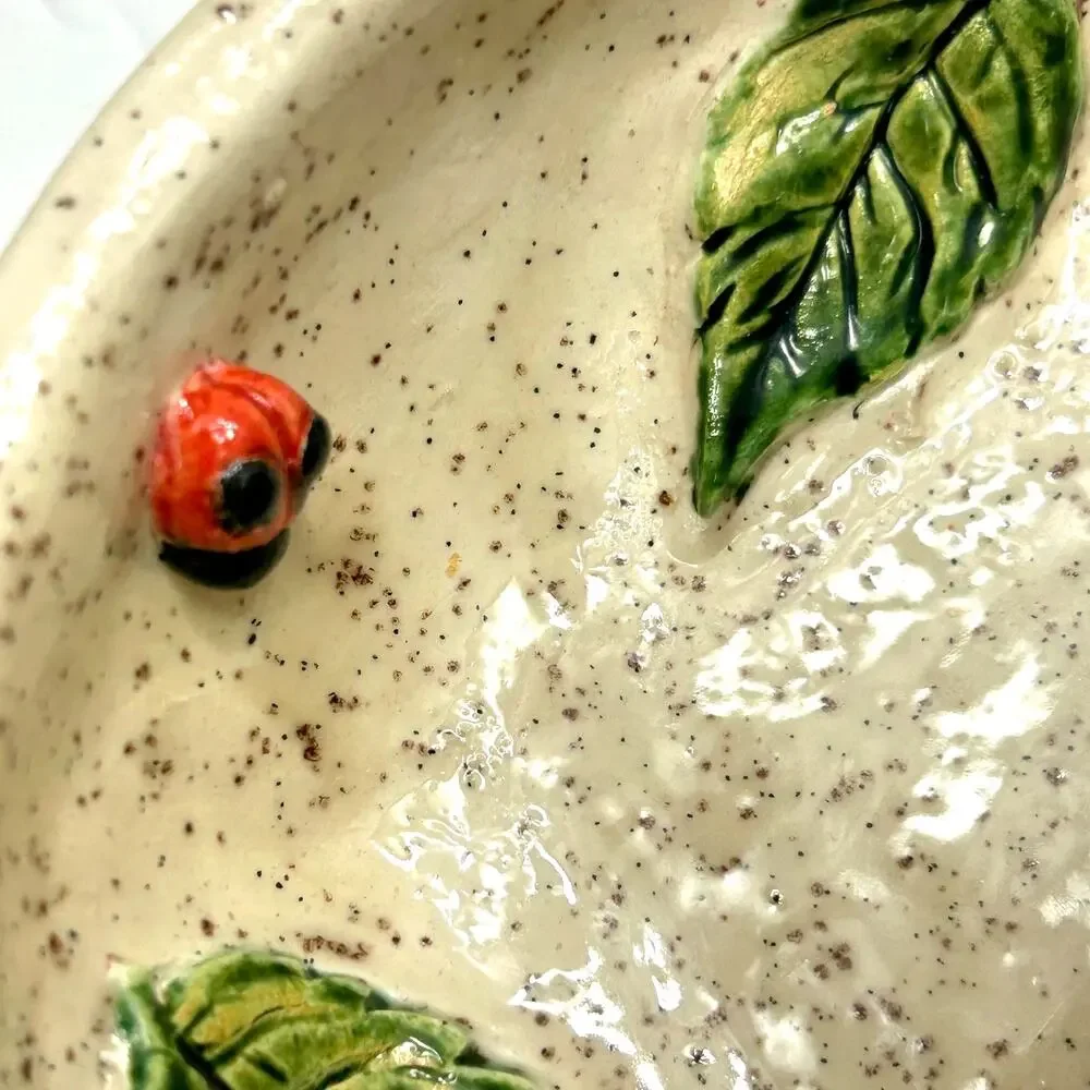 Handmade Ikebana Speckled Glaze Pottery Vase Lady Bugs‎ Leaves Unsigned